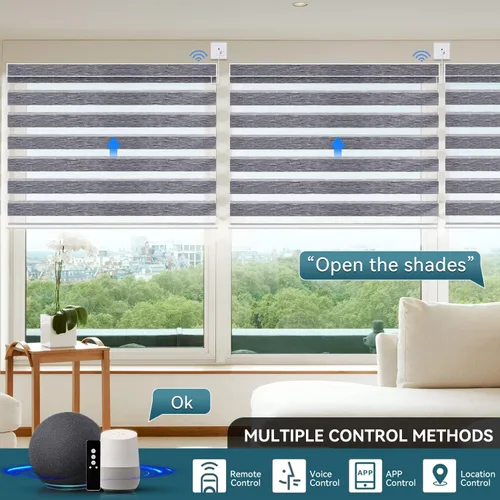 Vista 2 de Persianas motorizadas de cebra compatibles con HomeKit, Alexa, Google, persiana enrollable de doble capa con motor cableado Wi-Fi/Bluetooth, 110
