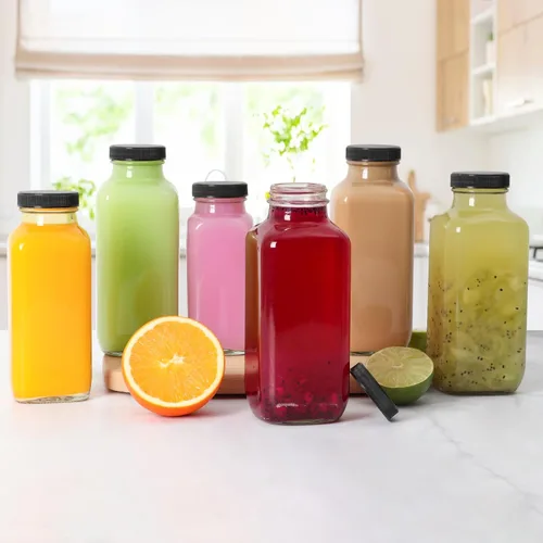 Vista 3 de Botellas de vidrio para jugo de 8 onzas con tapas, paquete de 6, botella de agua reutilizable, botellas de jugo para batidos, leche, almacenamiento