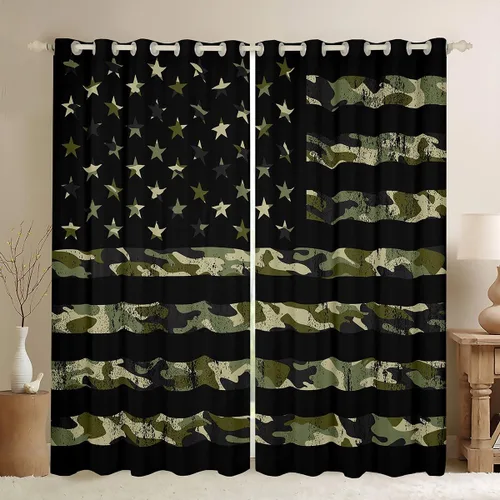 Vista 2 de Cortinas opacas de camuflaje con bandera estadounidense, regalo para niños, cortina de ventana de camuflaje verde con rayas negras, estrellas