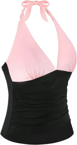 Vista 3 de Hilor - Parte superior de tankini para natación, con cuello profundo en V y halter, drapeado, para mujer