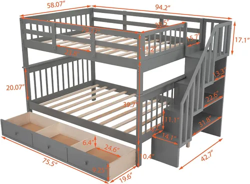 Vista 2 de Literas de tamaño matrimonial con cajones y escaleras, marco de cama de madera con almacenamiento para niños, adolescentes y adultos, desmontable