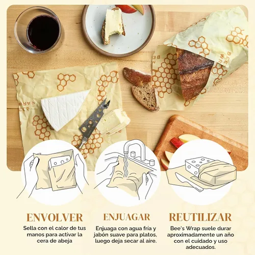Vista 2 de Bee's Wrap - Envolturas para alimentos de cera de abeja, paquete de 3 grandes, panal de abeja Panal Grande 3 Pack
