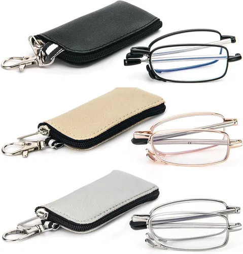 Vista 10 de Paquete de 3 lentes de lectura plegables con llavero, bolsas compactas, para mujeres y hombres, bloqueo de luz azul, bisagra de resorte, lectores