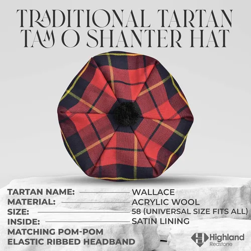 Vista 4 de Sombrero escocés Tam o Shanter Gorro escocés Tartan P.V Tartan (poliviscosa) Mezcla de lana con pompón Talla única para todos.