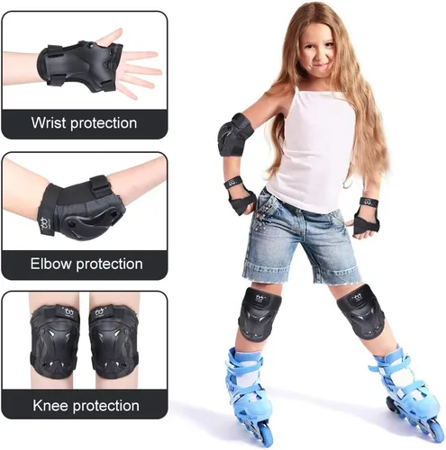 Vista 2 de Rodilleras y coderas para niños y jóvenes con protectores de muñeca, equipo de protección para patinaje, patinaje, ciclismo, scooter y deportes Negro