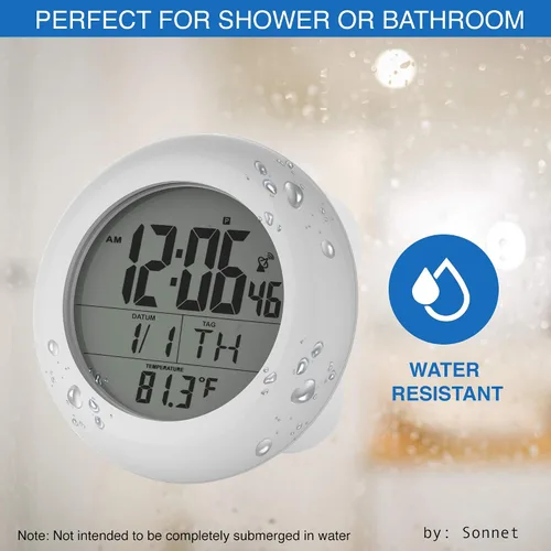Vista 2 de Sonnet Reloj de ducha para baño y cocina, pantalla digital grande que muestra la hora, la fecha, el día de la semana y la temperatura. Ventosas
