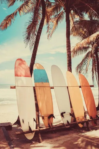 Vista 3 de Póster laminado de surf, tabla de surf, palmera, surf, viajes, playa, playa, paraíso tropical, arte del mar, olas de arena, estética, vintage