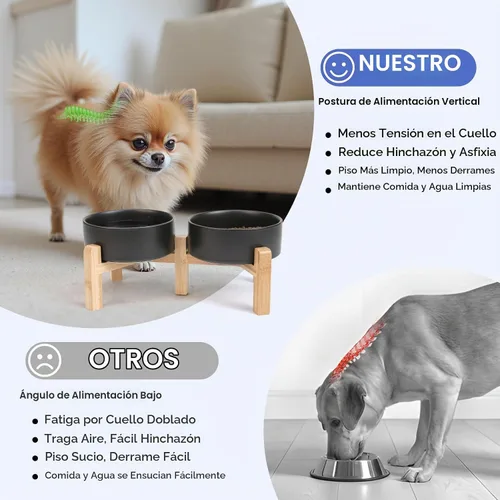 Vista 3 de SPUNKYJUNKY Cuencos elevados de cerámica para perros, 5.1 pulgadas, para comida de perros y gatos, cuencos elevados con soporte de bambú Negro