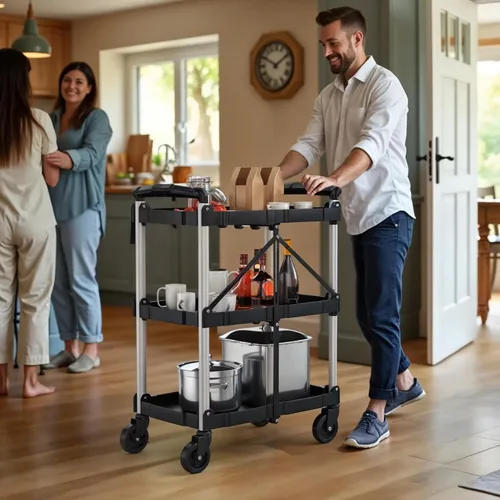 Vista 8 de YITAHOME - Carrito utilitario plegable de 3 niveles con ruedas (2 frenos), 240 libras