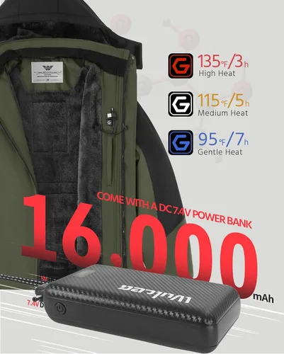 Vista 3 de Wulcea Chaqueta térmica de grafeno para hombre con forro de piel con batería de 7.4V 16000mAh