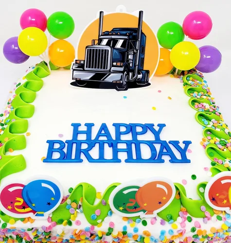 Vista 2 de Big Rig 18 Wheeler Hauling - Juego de decoración para pastel de cumpleaños de 7 piezas con temática de motor diésel (diseño único)