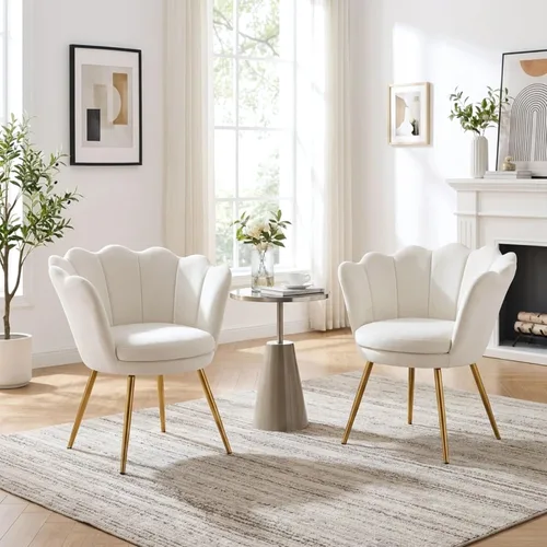 Vista 5 de chairus Silla de tocador de maquillaje blanca crema con respaldo, pequeña silla moderna tapizada de terciopelo con patas de metal dorado, bonita