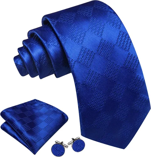 Vista 178 de Barry.Wang Juego de corbatas a cuadros para hombre con pañuelo gemelos de rayas clásicas