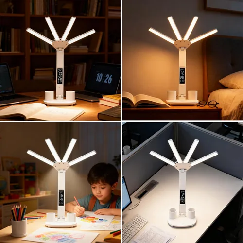 Vista 7 de Lámpara de escritorio LED con reloj, lámpara de estudio plegable, 3 modos de iluminación, lámpara de mesa regulable para cuidado de los ojos