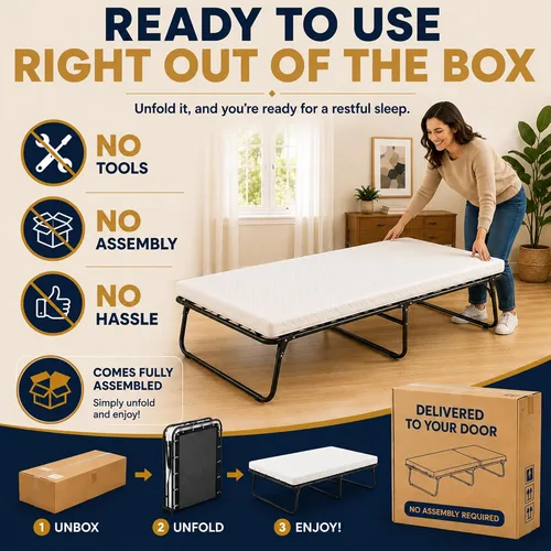 Vista 8 de Greaton, 14″ High Folding Guest Bed with 3″ Memory Foam Mattress – Sturdy Metal Frame, Easy Access for Seniors, Underbed Storage, Comfortable Bed