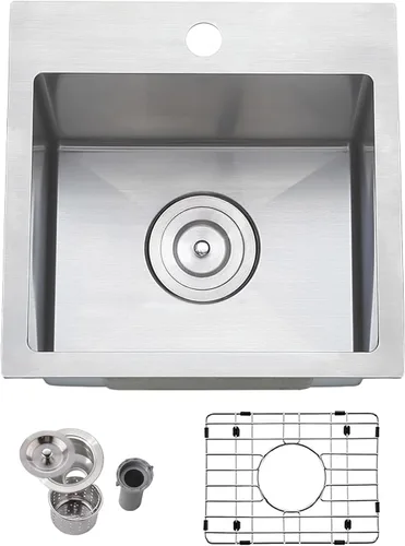 Vista 23 de Friho Fregadero de barra empotrable negro de 15 x 15 pulgadas, fregadero de cocina de acero inoxidable de un solo tazón montado en superficie