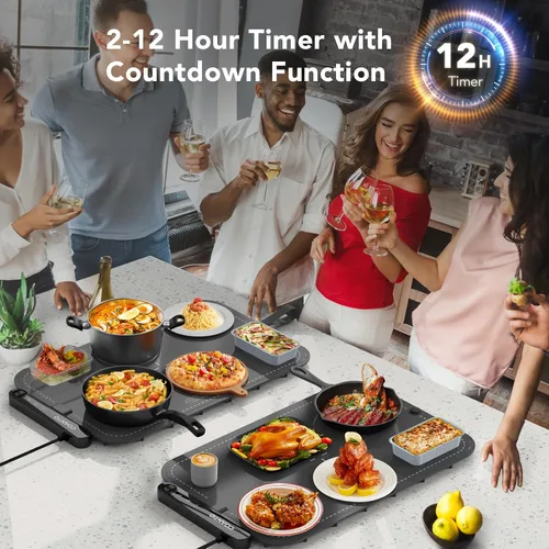 Vista 5 de Tapete de calentamiento para alimentos, bandeja de calentamiento impermeable para fiestas de buffets, calentador de alimentos con 7 ajustes de Gris