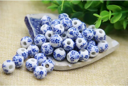 Vista 4 de 100 cuentas de porcelana de 0.315 pulgadas (0.315 in), cuentas de cerámica redondas chinas, cuentas de porcelana azul y blanca con agujero de 0.098