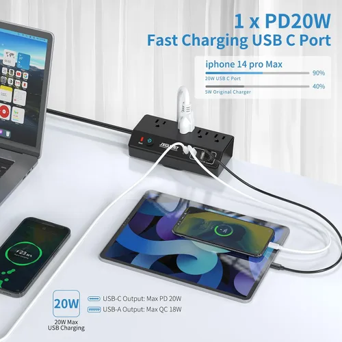 Vista 2 de JXGUCAT - Regleta de alimentación con abrazadera de escritorio de 10 pies con PD de 20 W de carga rápida USB C, protector de sobretensiones de Negro