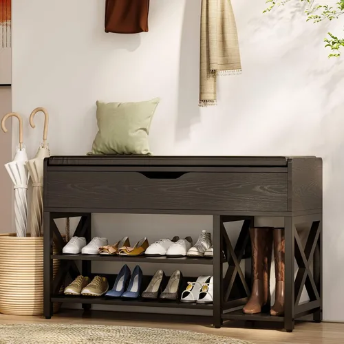 Vista 7 de Banco de zapatos, banco de almacenamiento de zapatos con parte superior elevadora, banco de entrada ajustable con cojín acolchado para entrada