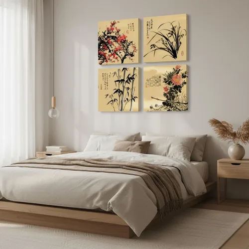 Vista 6 de JiazuGo Lienzo decorativo asiático oriental para pared, cuadros chinos para decoración estética de dormitorio, juego de 4 obras de arte estiradas