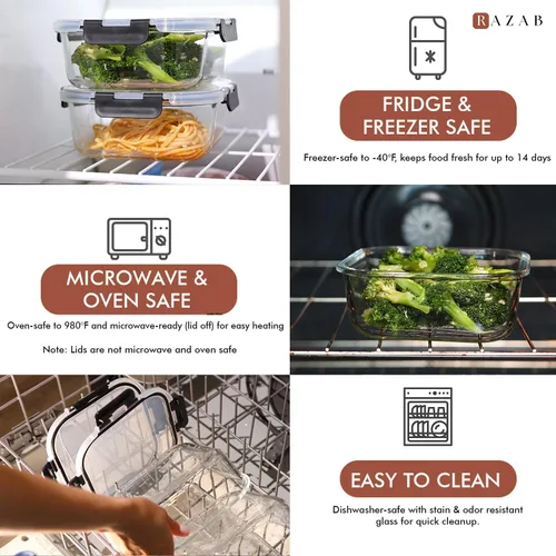 Vista 4 de Razab 2 recipientes de vidrio de almacenamiento de alimentos de 41 onzas con tapas, herméticos y a prueba de fugas, aptos para microondas