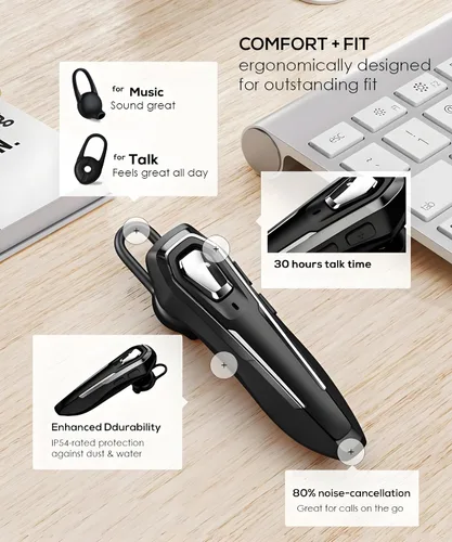 Vista 3 de Auriculares Bluetooth de un solo oído V5.4 Micrófono con cancelación de ruido, auricular Bluetooth, 36 horas de tiempo de conversación, auriculares