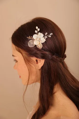 Vista 3 de Peine de pelo con diamantes de imitación de cristal de hoja de oro para novia, con perlas de diamantes de imitación, accesorios para el cabello