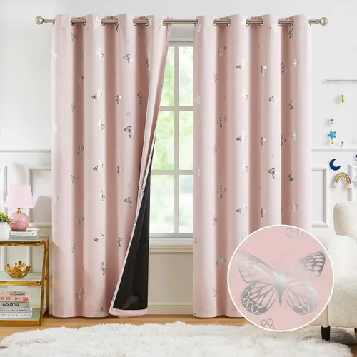 Vista 27 de Jubilantex - Cortinas opacas con diseño de mariposa dorada, 80 % rosa bebé Cortinas opacas 80% rosa lavanda/rosa bebé, estampado de mariposa