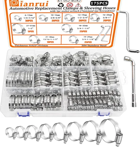 Vista 12 de Dianrui - Kit de surtido de 42 abrazaderas de manguera, abrazaderas de manguera de tornillo sin fin de acero inoxidable 304 de 1/4"–1-1/8" (6-29mm)