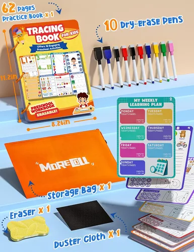 Vista 6 de Actividades de aprendizaje preescolar, 62 páginas reutilizables, libros de trabajo de prekindergarten, libros de seguimiento de letras de números