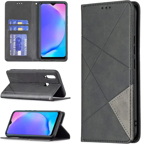 Vista 2 de Funda con tapa para Vivo Y11, Y15, Y12 e Y17, diseño de rombos de piel sintética, con función atril, cierre magnético, para Vivo Y11/Y15/Y12/Y17