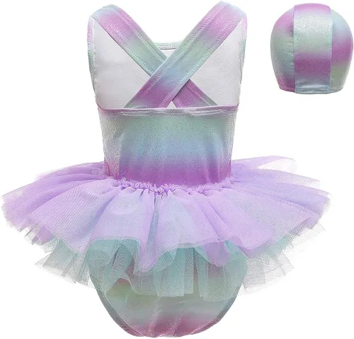 Vista 3 de HIHCBF Traje de baño de una pieza para niñas con volantes Tutú con gorra de sirena y escala, ropa de playa