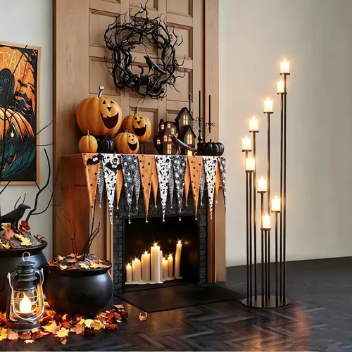 Vista 4 de 2 portavelas altos para velas de pilar, candelabros negros de 9 brazos, centro de mesa para velas de pilar cónico, centros de mesa florales