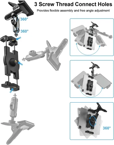 Vista 3 de Soporte para tablet para visera solar de automóvil, brazo mágico de metal, soporte de tableta ajustable de 360° con abrazadera ultra estable