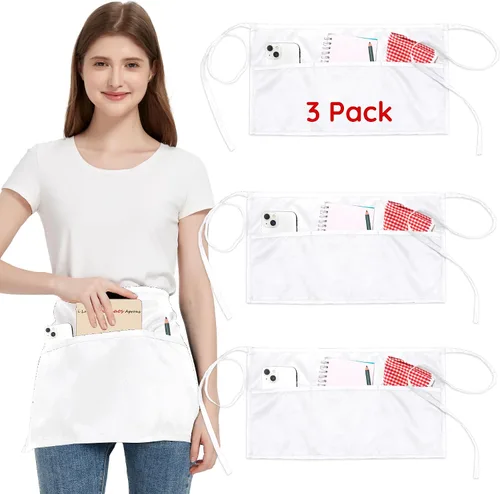 Vista 10 de Paquete de 3 delantales de cintura con 3 bolsillos, delantales de camarero unisex negros, delantales resistentes al agua para restaurante, chef y bar