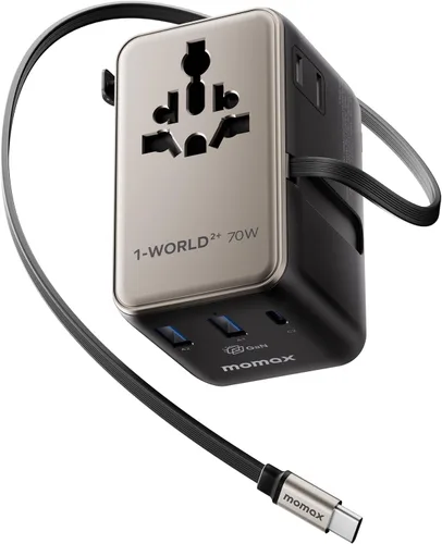 Vista 9 de MOMAX Adaptador de viaje universal de 70 W, adaptador de corriente internacional 6 en 1 con cable retráctil USB-C, adaptador de enchufe de CA dual