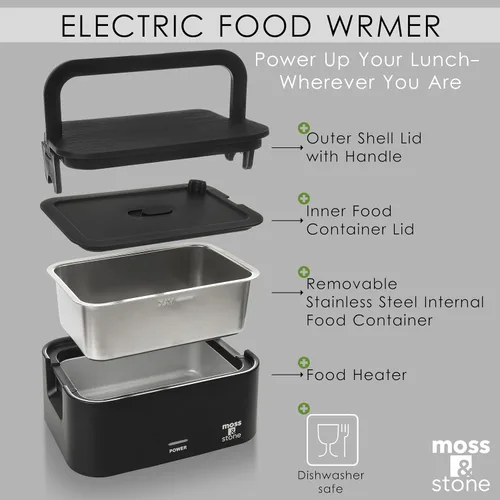 Vista 2 de Moss & Stone Fiambrera eléctrica negra para adultos, calentador portátil de 80 W para el trabajo con recipiente de acero inoxidable 304 de 0.9 L