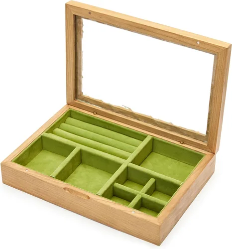 Vista 5 de pandapark Joyero de madera con tapa de vidrio, vitrina de almacenamiento con múltiples compartimentos, marrón nogal (cereza verde)