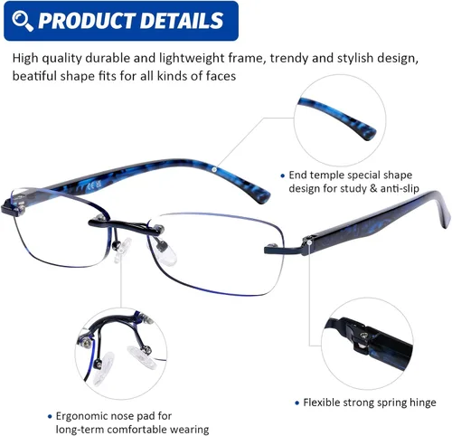 Vista 4 de DOOViC - 3 por paquete, lentes de lectura sin montura para mujer, ligeros y elegantes con bloqueo de luz azul, bordes tintados/bisagra de resorte