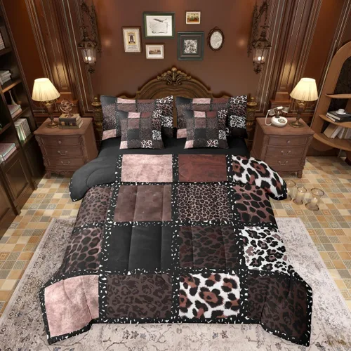 Vista 26 de Erosebridal Juego de edredón de 7 piezas con estampado de leopardo, tamaño Queen, juego de ropa de cama súper suave con estampado de guepardo, juego