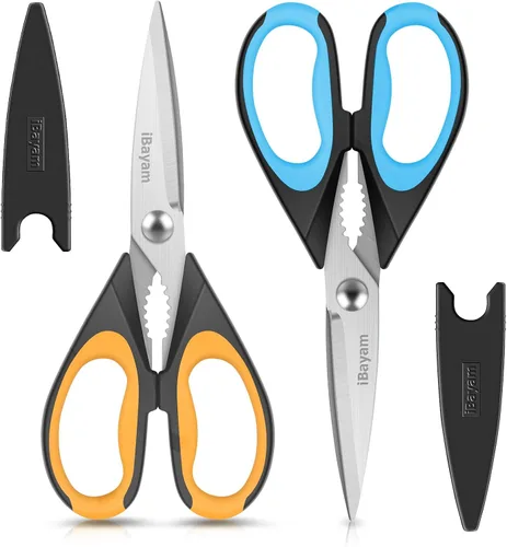 Vista 13 de iBayam Tijeras de cocina multiusos con funda protectora, tijeras de acero inoxidable duraderas, aptas para lavavajillas, mango cómodo de agarre suave
