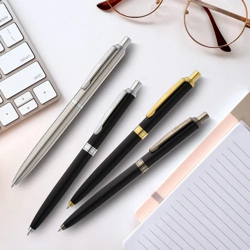 Vista 7 de LINFANC - 4 bolígrafos de paquete, bolígrafo de bola retráctil de metal premium, negro mate con ribete dorado, bolígrafo de punta media de 1.0mm