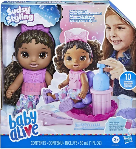 Vista 2 de Baby Alive Sudsy Styling Doll, pelo negro, incluye silla de salón de 12 pulgadas, juguetes para niñas y niños de 3 años en adelante