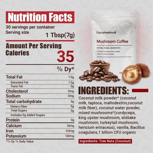 Vista 2 de Café de hongos, suplementos herbales de hongos para una mejor concentración, energía, digestión, piel e inmunidad 30 porciones