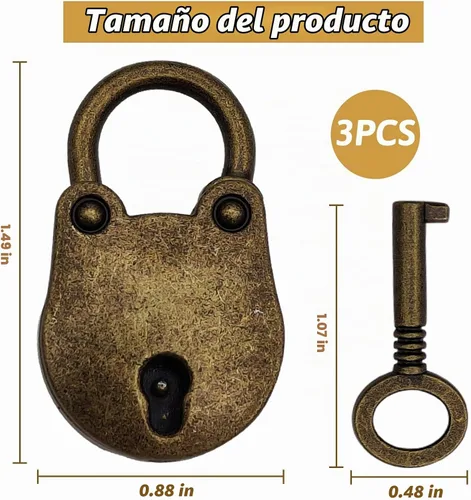 Vista 2 de SCASTOE Candados pequeños antiguos, vintage, estilo avejentado, con llave. Paquete de 3 unidades. Bronce