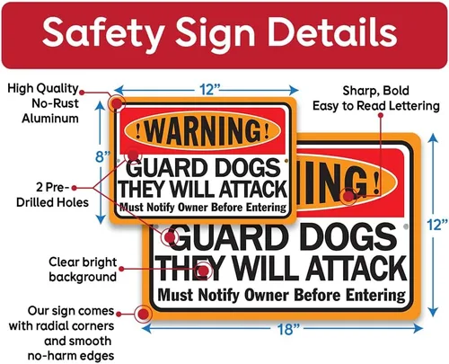 Vista 3 de Metal Signs - Warning Guard Dogs They Will Attack - Property Warning Guard Dog Bites Signs - Durable Metal Sign - Use Indoor/Outdoor - Notice Sign