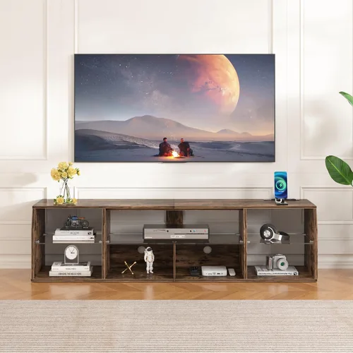 Vista 7 de VECELO Soporte de TV LED para 55 pulgadas, centro de entretenimiento con tomas de corriente, gabinete de televisión industrial para sala de estar