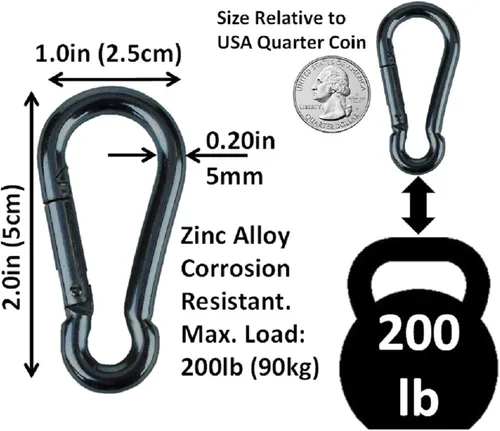 Vista 3 de Mosquetones Bushcraft de Servicio Pesado Galvanizados en Zinc Negro y Plateado con Resorte y Clip de Enganche Rápido, Capacidad de Carga 200-500 lb