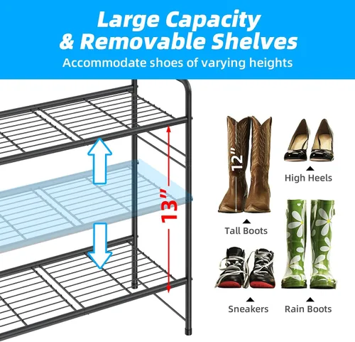 Vista 6 de Zapatero de 3 niveles para armario, organizador de almacenamiento de zapatos extra largo de 46.5 pulgadas para estantes, metal resistente, fácil